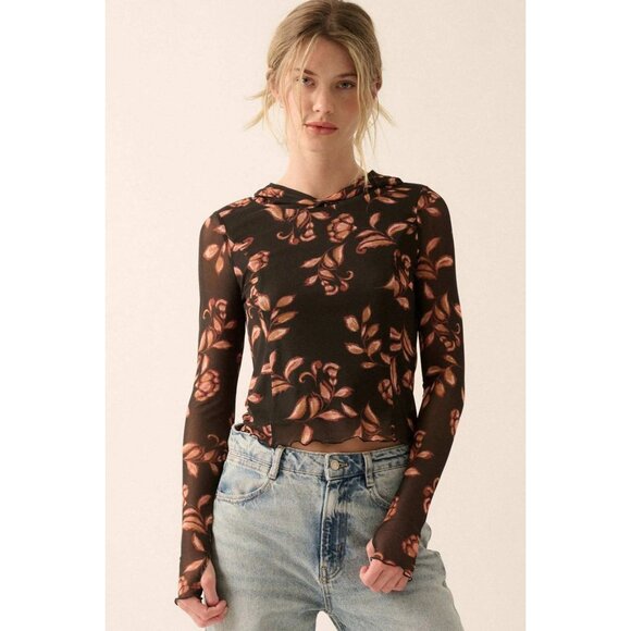 Promessa Black & Brown Floral Sheer Cropped Mesh Hooded Top L - Picture 1 of 7